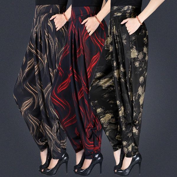 

women's pants & capris summer print plus size loose radish wide leg female elastic waist harem women trousers, Black;white