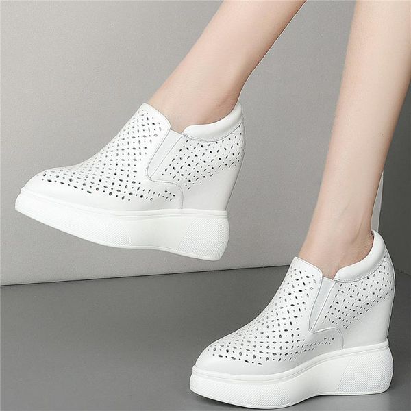 

boots 12cm high heel summer creepers women hollow genuine leather wedges ankle female pointed toe fashion sneakers casual shoes, Black