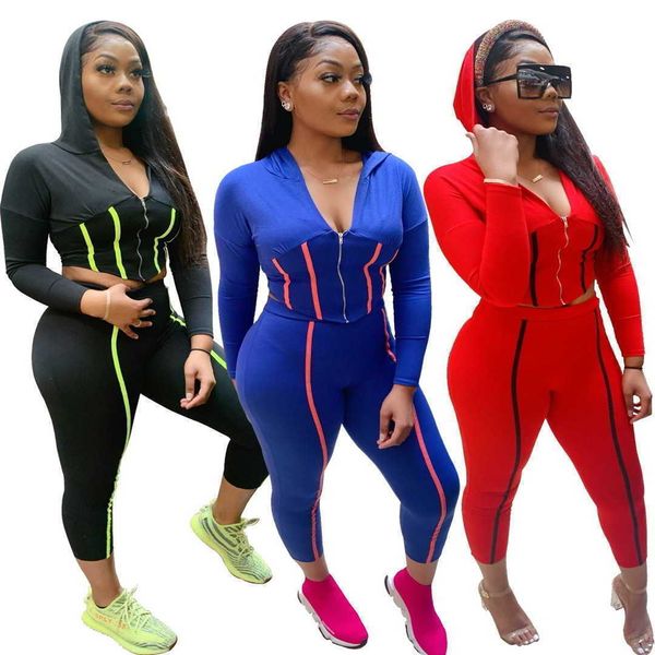 

fall winter bright line decoretion two piece set tracksuits women's hooded long sleeve crop coat and slim fit legging clothes s-xxl jog, Gray