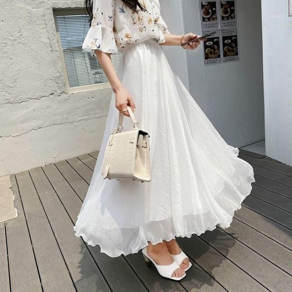 

skirts in 2021 summer high-end white veil children of tall waist drape long time flash silk chiffon, Black