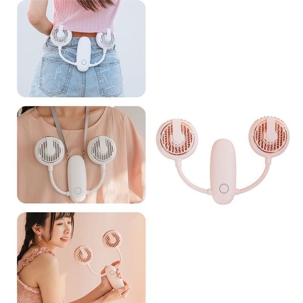 

portable hanging neck fan with dual wind head hands rechargeable 3 speeds air cooler for travel home office use electric fans