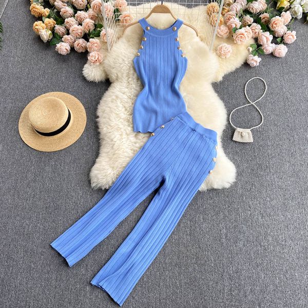 

women's tracksuits european and american ins light cooked style women's hanging neck strapless high waist wide leg pants knitt, Gray