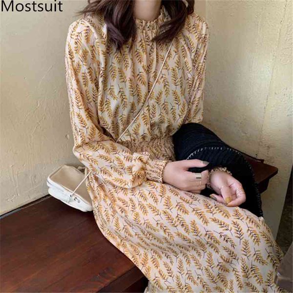 

spring vintage korean printed long dress women sleeve stand collar loose waist fashion dresses elegant casual vestidos 210518, Black;gray