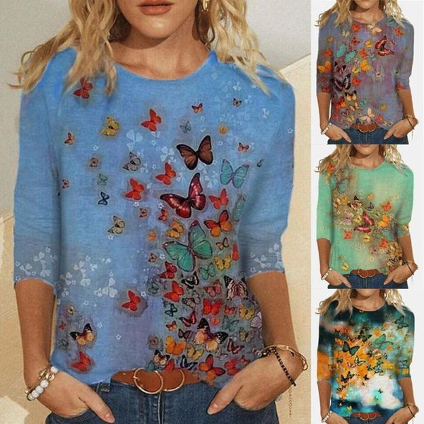 

summer women's t-shirts butterflies printed mid-length plus female crop casual t-shirt size o-neck t sleeves shirt n6v1, White