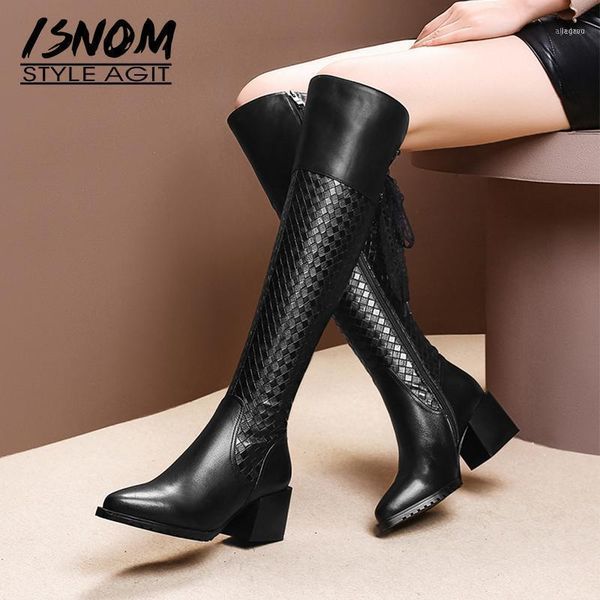 

boots isnom genuine leather women pointed toe lace footwear knee high weave female heels shoes woman winter 202111, Black