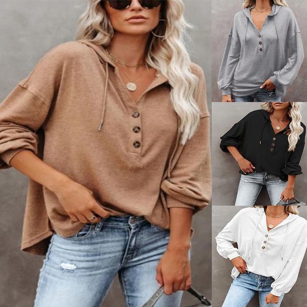 

women's hoodies & sweatshirts fashion solid color hooded lace-up drawstring long sleeve button sweatshirt, Black