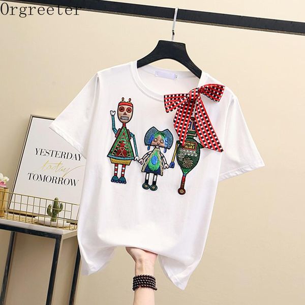 

cartoon embroidery sequins short sleeve tshirt for women 2021 summer o-neck bow tie cotton women's femme t-shirt, White