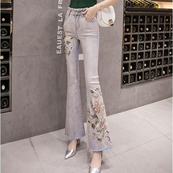 

women's jeans 2021 flower flare women vintage beading embroidery denim wide leg pants streetwear fashion slim high waist trousers, Blue