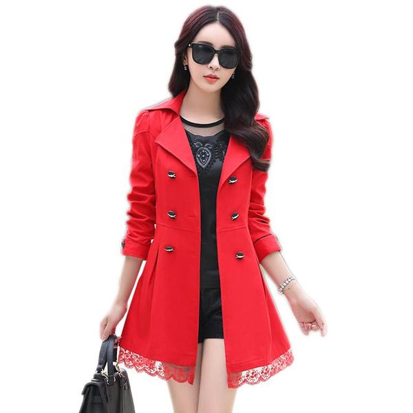 

women's trench coats autumn women outerwear 2021 double-breasted slim lace female windbreaker mid-long large size casual ladies coat cw, Tan;black