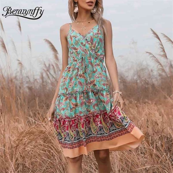 

surplice neck frill trim printed dresses women summer vacation boho casual tie waist knee length a-line cami dress 210510, Black;gray