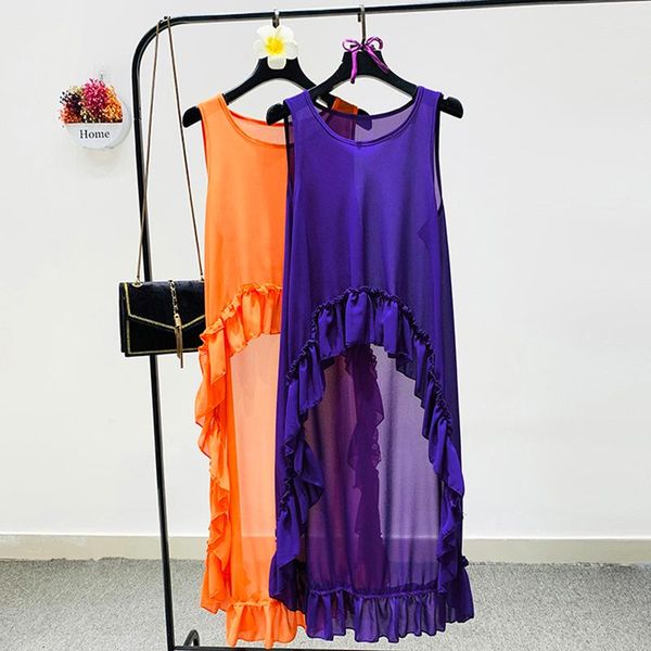 

women's blouses & shirts 2021 chiffon shirt sunscreen blouse irregular ruffles vest female seaside holiday sleeveless loose long, White