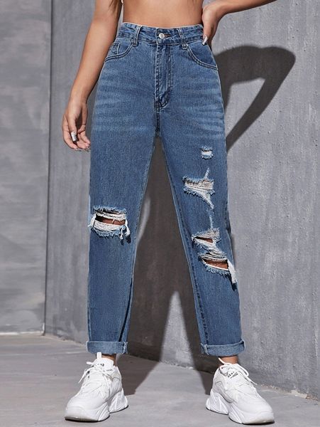 

high waist destroyed mom jeans r5bp#, Blue