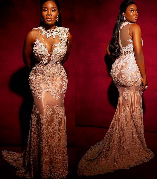 

plus size mermaid evening dresses vestidos 2021 sleeveless lace applique beaded jewel neck sweep train illusion custom made prom party gown, Black;red
