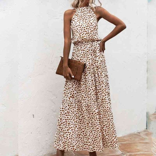 

summer long dress women fashion sleeveless print flowers polka-dot halter boho dresses women casual holiday vestidos 210329, Black;gray