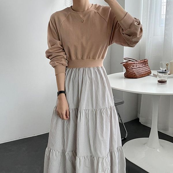 

casual dresses autumn robe femme loose full sleeve o neck striped dress women hoodies patchwork high waist vestido feminino wild retro, Black;gray