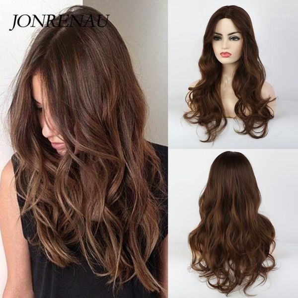 

synthetic long natural wave hair dark brown wigs for white/black women center parting party or daily wear1