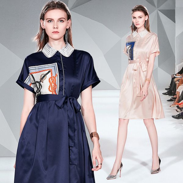 

summer vintage women's short-sleeved strappy dress ladies printed stitching satin vestidos 210514, Black;gray