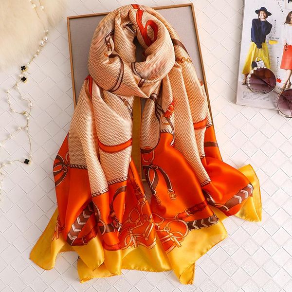 

scarves women imitation silk scarf retro chain buckle print shawls office lady soft wraps female headscarf beach towel 90x180cm, Blue;gray