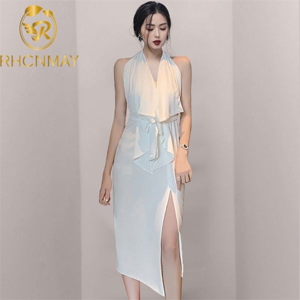

fashion sleeveless halter backless women office dress summer chifforuffles party es bandage lady elegant vestido 210520, Black;gray