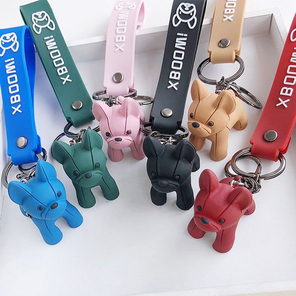 

fashion french punk bulldog keychains pu leather dog key chains for women bag charm trinket men car keyrings jewelry, Silver