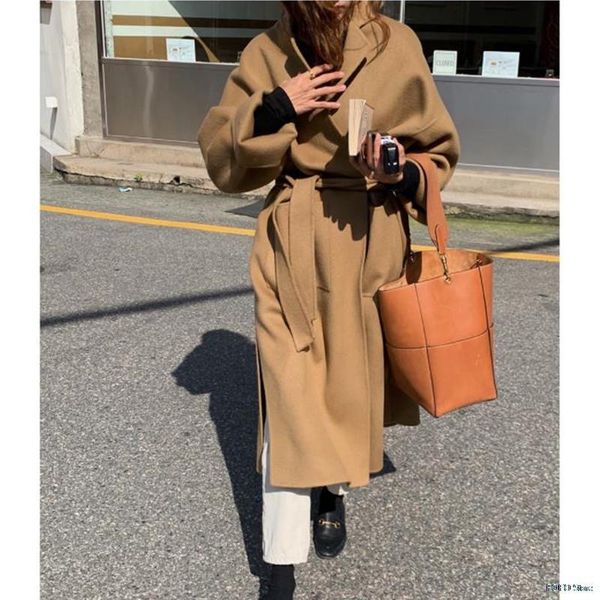 

women's wool & blends women elegant solid long coat with belt chic batwing sleeve pockets loose female autumn winter outerwear, Black