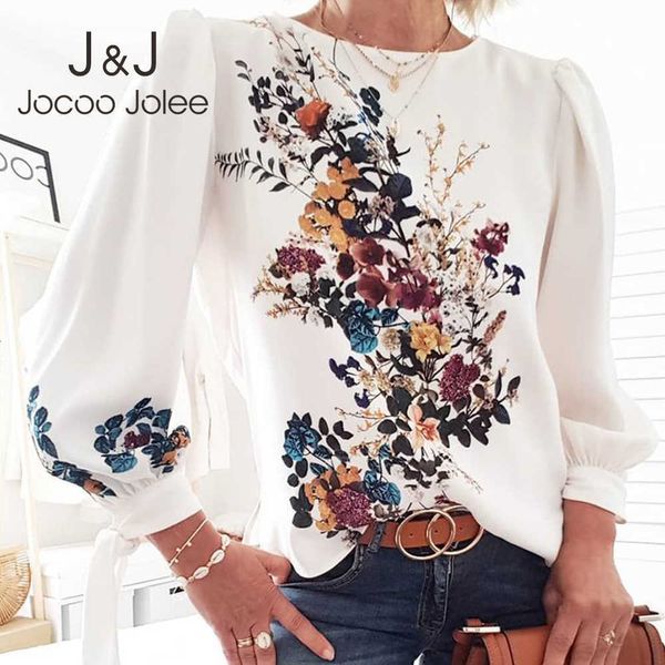 

jocoo jolee women elegant puff sleeve bow tie shirt floral print o-neck women blouse ladies chic loose chiffon blouse blusa 210721, White