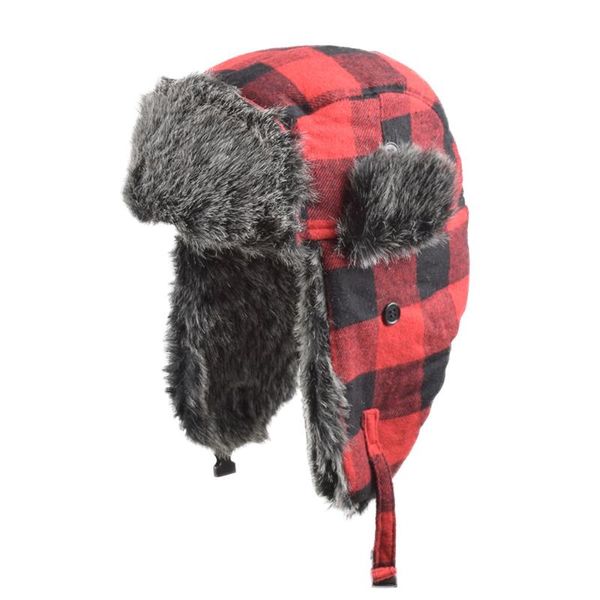 

berets winter hats for fur red warm earflap cap windproof women thicker plaid mens bomber hat russian ushanka black, Blue;gray