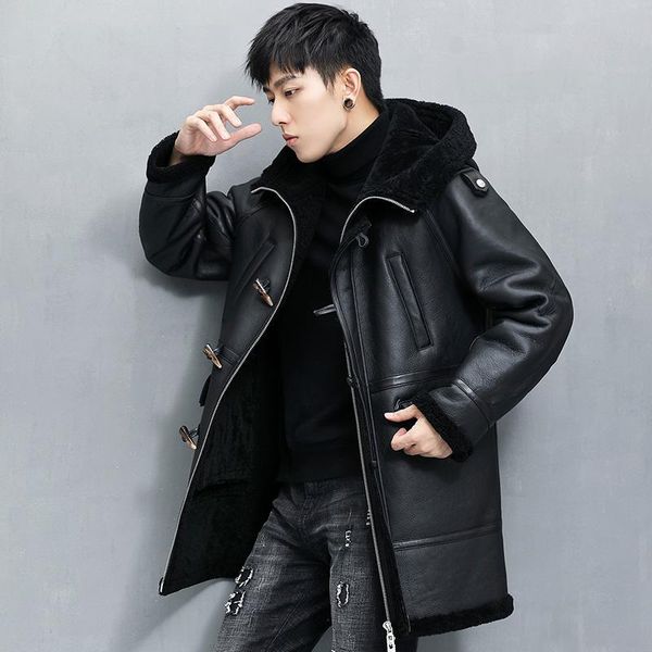 

men's leather & faux winter original ecological shearling coat long type hooded genuine jacket sheepskin and fur thick overcoat men clo, Black