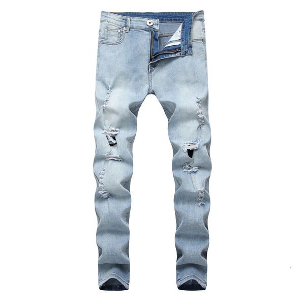 

men's jeans high street big hole skinny slim youth fashion denim pants pj7n, Blue