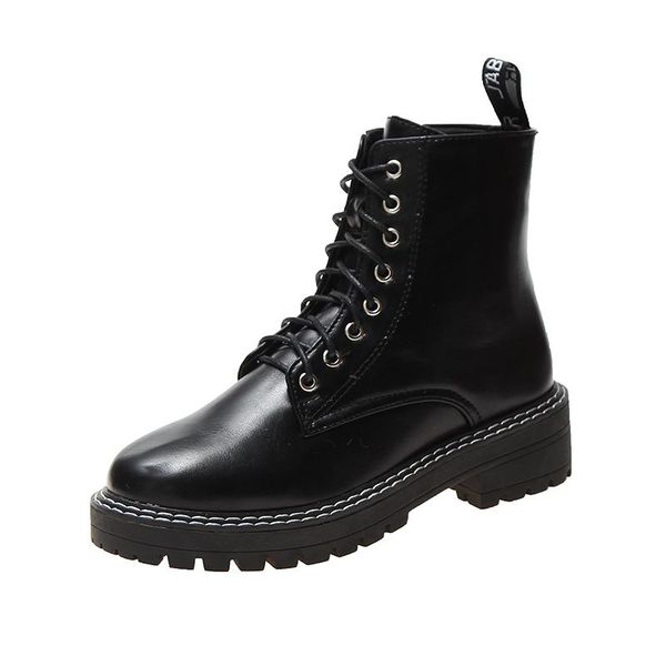 

boots fad solid black leather thick bottom platform women lace up winter ankle gingham shoes woman