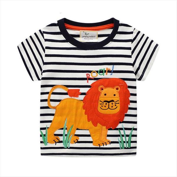 

applique children t shirts for summer boys girls tees cotton fabric stripe lion baby shirt kids clothes, Blue