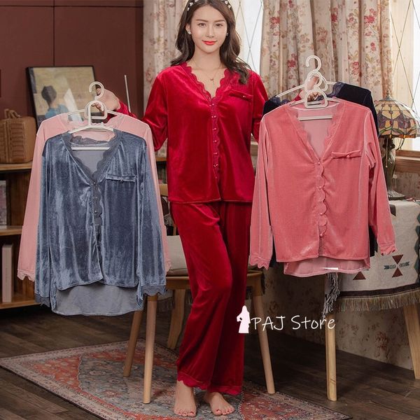 

5xl plus large size fashion pyjamas lace womens velvet pajamas fat nightie woman pyjamas sleepwear kit warm bridesmaid pajama, Black;red