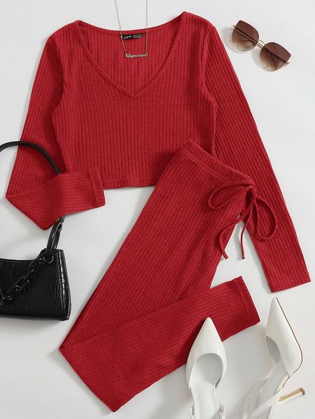 

ribbed v-neck tee & drawstring leggings set e4y2#, White