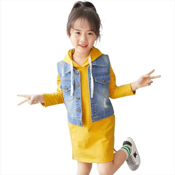 

girls clothes denim vest dress teenage clothing autumn winter sets casual style costumes for children, White