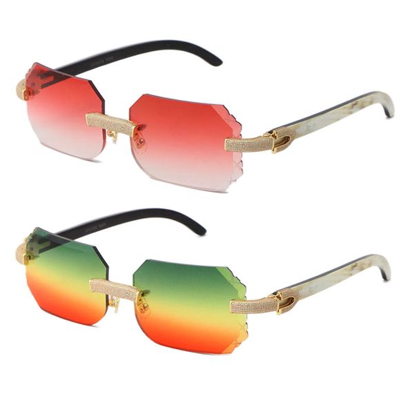 Neue, mikrogepflasterte Luxus-Sonnenbrille, randlos, mit Diamanten besetzt, Sonnenbrille, Schwarz-Mix, Weiß, Rahmen aus echtem, natürlichem Büffelhorn, für Männer und Frauen, mit C-Dekoration, Felsen, 18 Karat Gold, Unisex