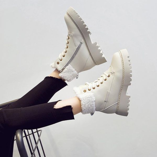 

boots warm shoes women platform plush 2021 winter female white botas mujer with fur ladies ankle cross-tied black