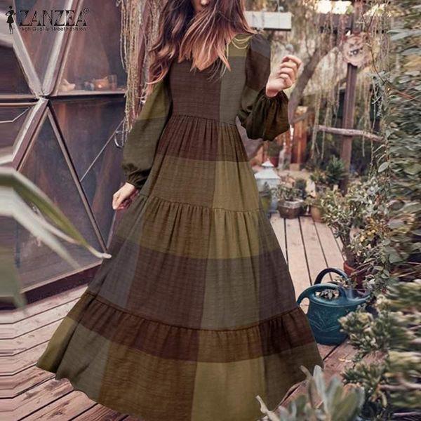 

casual dresses plaid print robe women's autumn sundress zanzea 2021 fashion ruffle maxi dress puff sleeve tunic vestidos plus size s-5x, Black;gray