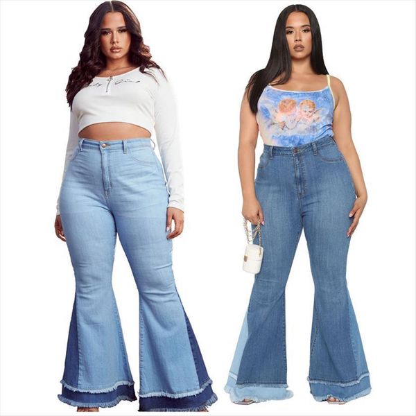 

plus size 5xl flared women jeans high waisted pants patchwork stretch overalls denim bell bottom trousers wholesale dropshpping, Blue
