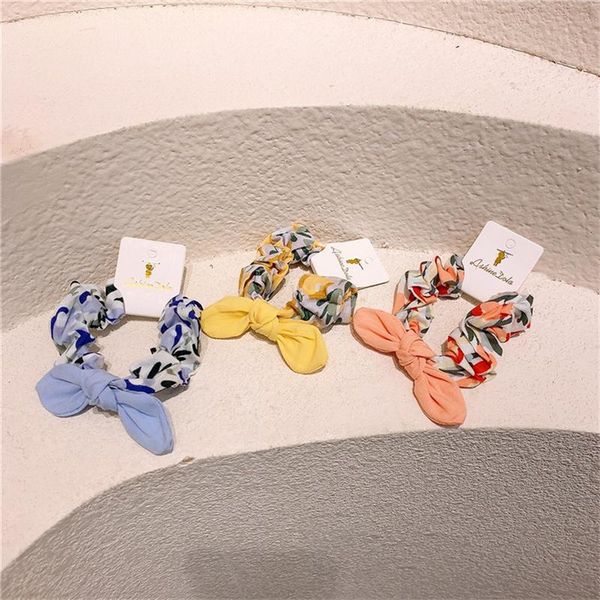 

hair accessories girls fabric floral printed large intestine ties ear bow knot cute baby rubber band for children fashion, Slivery;white