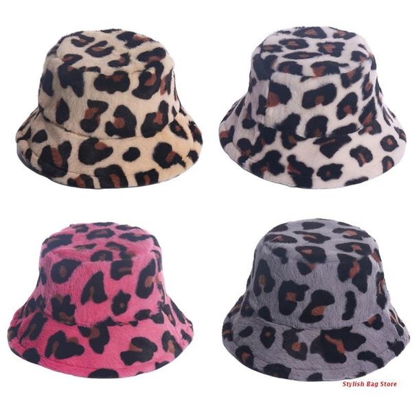 

women winter warm fuzzy plush bucket hat leopard print sunscreen fisherman cap wide brim hats, Blue;gray