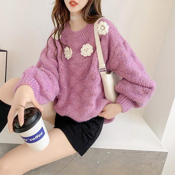 

women's sweaters fall for women pullover sweater girls loose outer wear autumn flower round neck knitted bottoming shirt, White;black