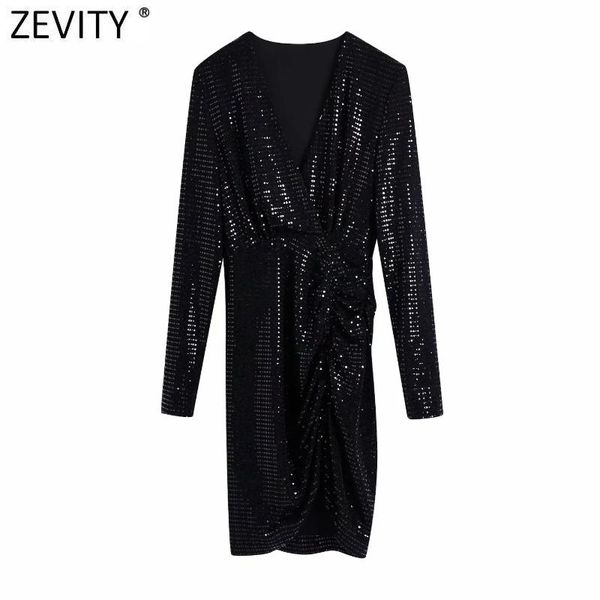 

casual dresses zevity women cross v neck sequined pleated slim dress female chic long sleeve brand party mini vestido 4748, Black;gray