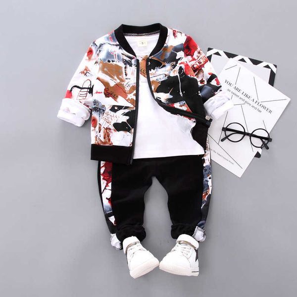 

new spring autumn children boys clothes kids ink painting clothing suit jacket t shirt pants 3pcs/sets infant cotton tracksuits x0902, White