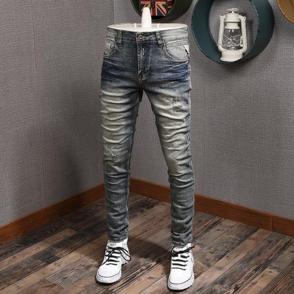 

fashion streetwear men jeans retro yellow washed slim fit ripped vintage designer denim pants hip hop homme men's, Blue