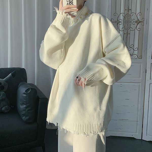 

men's sweaters 2021 autumn winter men sweater solid color casual loose knitting turtleneck tassel pullovers hip hop street male, White;black