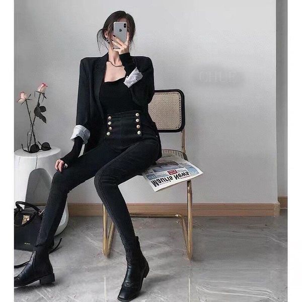 

women's jeans 2021 autumn casual women high waist double breasted stretch female denim skinny pants trouse 2 color gdnz 9.24, Blue