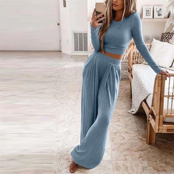 

women's two piece pants 2022 autumn winter women set fashion solid color knitted fitted and wide leg casual home two-piece suit female, White