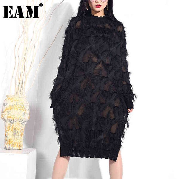 

[eam] 2022 new spring autumn stand collar long sleeve black perspective split joint big size dress women fashion tide ji78 g1214, Black;gray