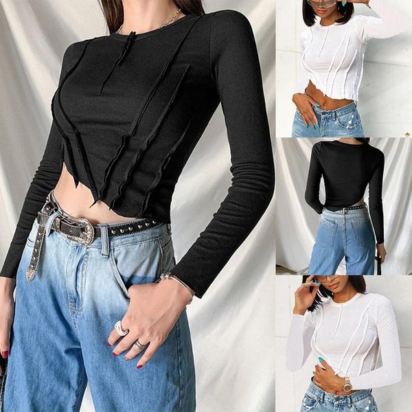 

women's t-shirt round neck long sleeve fashion pleated temperament slim, White