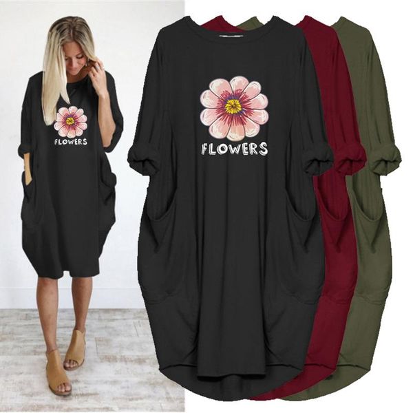 

loose dress women 2021 cartoon flowers print pocket long sleeve o neck party club beach plus size vestidos streetwear casual dresses, Black;gray